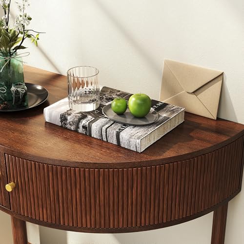 Half Moon Fluted Console Table for Narrow Entryway, Boho Wood Side Coffee Table with Storage, Accent Table for Small Spaces, Decorative Furniture for Living Room Hallway Foyer Entrance (Brown)