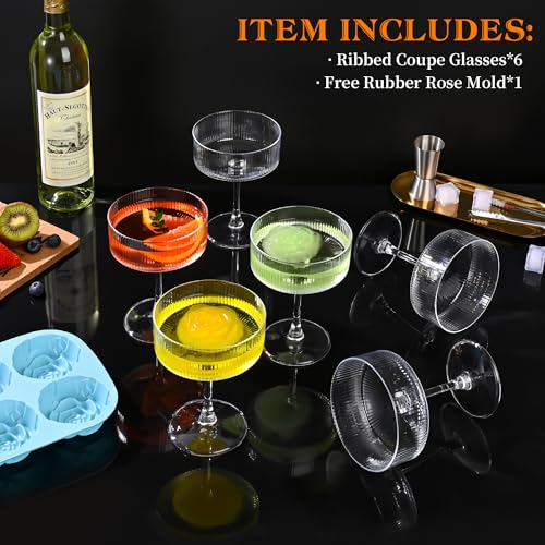 Amyoole Vintage Ribbed Coupe Glasses Set of 6-11oz Clear 100% Crystal Martini Glasses Elegant Cocktail Glasses, Transparen...
