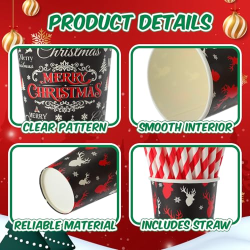 FoldTier 120 Set 9 oz Christmas Hot Cocoa Paper Cups Bulk Disposable Paper Coffee Tea Cups with Straws Christmas Hot Choco...