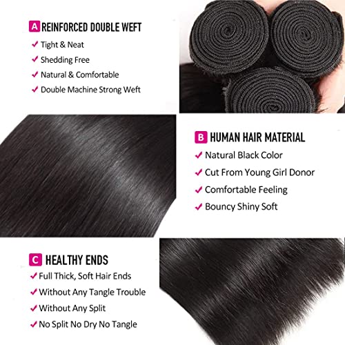 Straight Bundles with Closure Human Hair 16 18 20+14 Brazilian Human Hair Bundles with Closure Straight 100% Unprocessed Virgin Weave Hair Bundles with Lace Closure