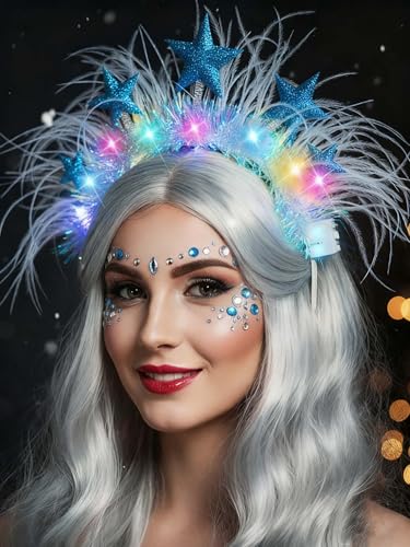 Woeoe Ligth Up Stars Headband Led Glowing Hair Bands Party Rave Costume Feather Hair Accessories for Women