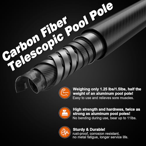 imgokaha Carbon Fiber Pool Pole - Professional 15 Foot Telescopic Pool Cleaning Pole, Pool Skimmer Net Pole, Telescoping S...
