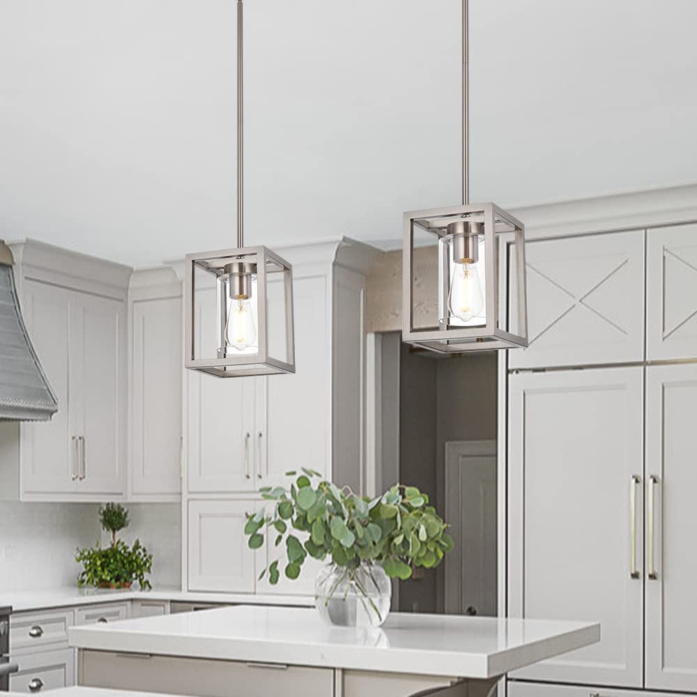 VINLUZ One Light Chandeliers Fixture Brushed Nickel Modern Pendant Kitchen Lighting with Clear Glass Shade Dining Room Lighting Fixtures Hanging Contemporary Lamp Semi Flush Mount Ceiling Lights
