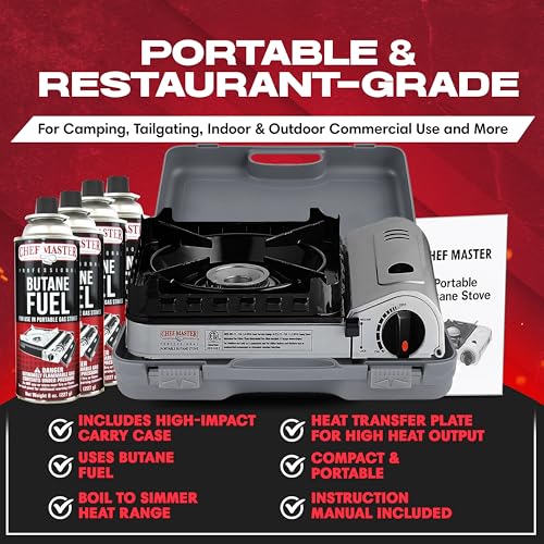 Chef Master 15,000 BTU Butane Portable Camp Stove | Double Wind-Guard Portable Stove Burner w/Piezo Click Ignition for Eme...