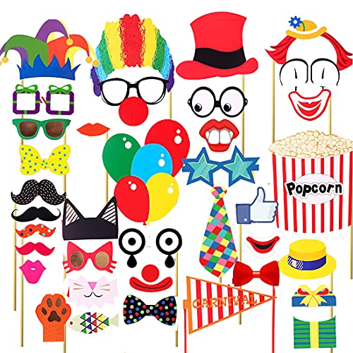 36pcs Circus Photo Booth Props with Sticker Funny Carnival Theme Party Decorations for Birthday Party