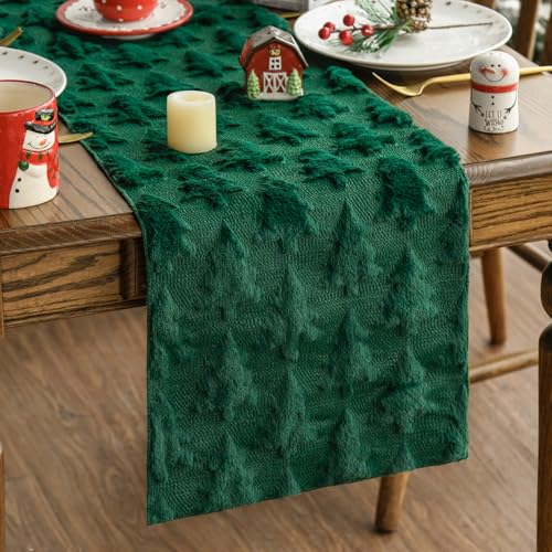 Artoid Mode Christmas Trees Green Soft Plush Faux Fur Jacquard Christmas Table Runner, Holiday Kitchen Dining Table Decora...