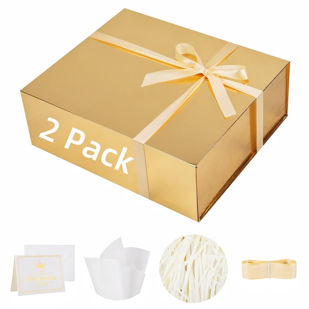 UoeRing 2 Pack Extra Large Gold Gift Box 17x14.5x6 inch Luxury Gift Box for Presents with Magnetic Closure Lid Collapsible,Birthday,Christmas,Contains Card, Ribbon,Tissue Paper,Shredded Paper Filler