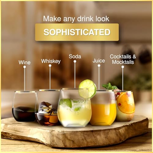 32 Pack Stemless Plastic Wine Glasses Disposable 12 Oz Silver Rim - Shatterproof Recyclable and BPA-Free, Stylish Drinkwar...