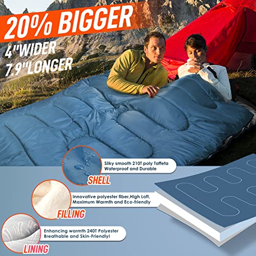 MEREZA Double Sleeping Bag for Adults Mens with Pillow, XL Queen Size Two Person Sleeping Bag for All Season Camping Hikin...
