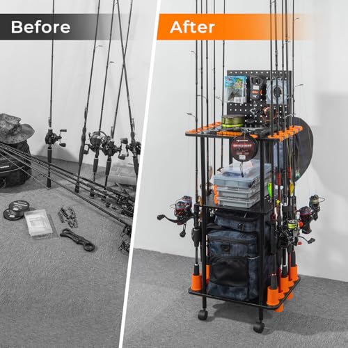 KastKing V10 Gear Trolley, Indoor Fishing Rod Holder for 10 Combos, 3-Tier Fishing Accessory Shelves With Peg Wall, Patent...