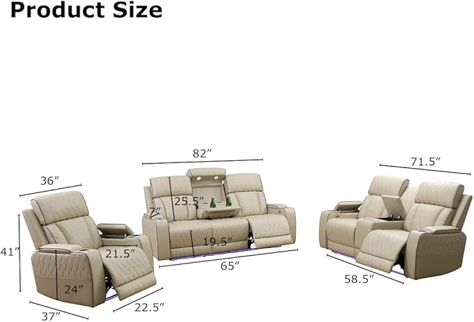 Toseslo Power Recliner Loveseat Set, Beige Leather Reclining Sofa Sectional Couch, 2 Seater Reclining Couches, Living Room Furniture Sets, Reclining Sofa with Cup Holders/Storage Console for House