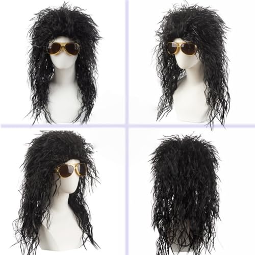 Svzadipe 7 Pcs Rocker Costume Men's Curls Disco Party with Wigs Sunglasses Beards Sleeves Gloves Headscarves for 70s 80s 90s