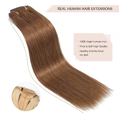 Sisily Clip in Hair Extensions Real Human Hair, 18 inch 150g, Medium Light Brown, 100% Brazilian Remy Human Hair Clip in Extensions Soft Straight 7pcs Per Set with 16 Clips Double Weft