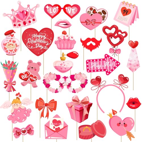Happy Valentine's Day Photo Booth Props Kit, 24 PCS Selfie Photo Booth Accessories with “Happy Valentine’s Day” Signs, Cut...
