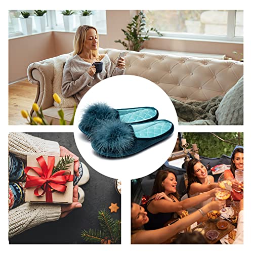 GRITHEIM Women's Fuzzy Pom Pom Velvet Memory Foam House Slippers Ladies Cozy Chenille Knit Bedroom Slippers Non-slip Sole ...