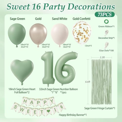 73pcs Sweet 16 Party Decorations, 16 Birthday Decorations with 16th Birthday Banner 16 Balloon Number Fringe Curtain Sage ...