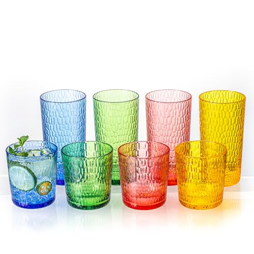 MIYOPESI 15oz and 22oz Colorful Acrylic Glasses Drinkware (Set of 8), Honeycomb Stackable Shatter-Proof Plastic Tumblers, ...