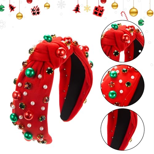 Sokfone Women's Pearl Knotted Headband - Top Knot Holiday Headband, Red and Green Pearl Rhinestone Crystal Gem Hairband, C...