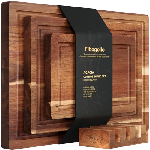 Fibogollo Acacia Wood Cutting Boards for Kitchen(Set of 3),Wooden Chopping Boards Set with Juice Groove,Serving Board with...