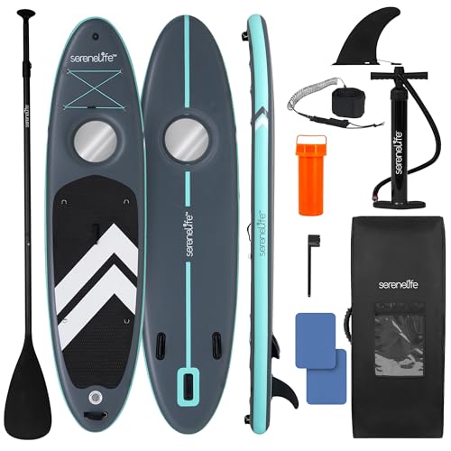 SereneLife 10’6” Inflatable Stand-Up Paddle Board with Window - 32” Wide Stable Design with Non-Slip EVA Deck Pad, Premium...
