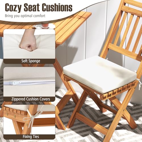 Tangkula Acacia Wood Patio Bistro Set of 3, Outdoor Folding Chair Table Set with Soft Seat Cushions, High Back Armless Cha...