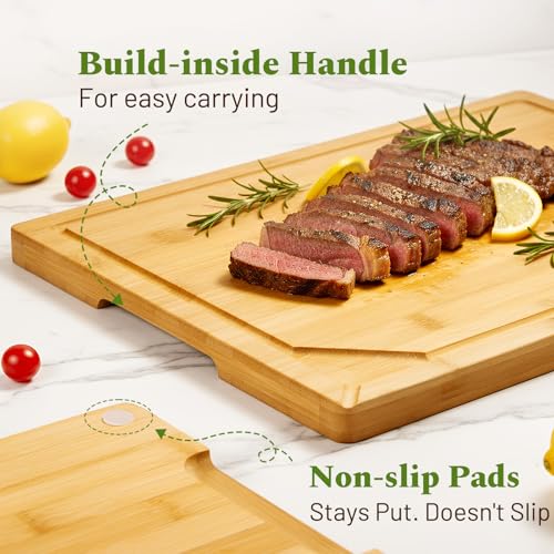 Kikcoin Bamboo Cutting Boards for Kitchen, 3 Piece Wood Cutting Board Set with Stand and Non-slip Feet, Knife Friendly Cho...