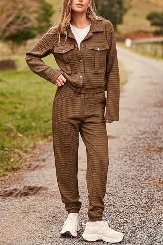 PRETTYGARDEN Womens Two Piece Sets Fall 2026 Long Sleeve Button Down Shacket Jacket Long Sweatpants Tracksuit Winter Clothes