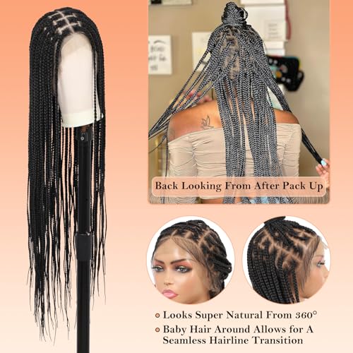 360¡Æ HD Full Lace Knotless Braided Wigs for Women Box Braid Wig with Baby Hair Braided Lace Front Wigs Premium Synthetic Braid Wig Long Black 36"