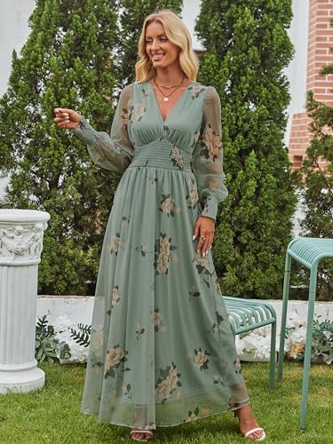 ANRABESS Women's Floral Maxi Dress 2025 Fall V Neck Puff Long Sleeve Flowy Casual Wedding Guest Tea Party Tulle Dresses