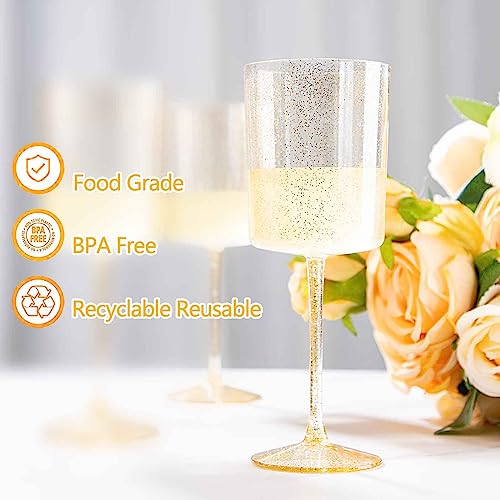 Ciaell 6 Pack Gold Plastic Wine Glasses - 10 Oz Disposable Glasse with Stem - Disposable Wine Glasses Perfect for Parties...