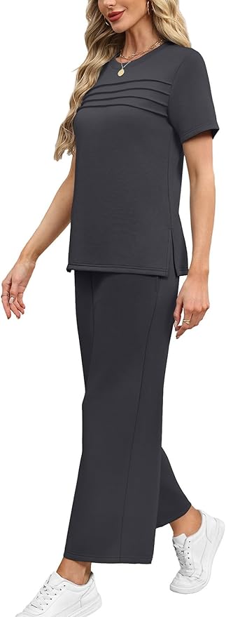 WIHOLL Two Piece Sets for Women Summer Travel Vacation Outfits Short Sleeve Lounge Sets Side Slit Wide Leg Pants S-3XL