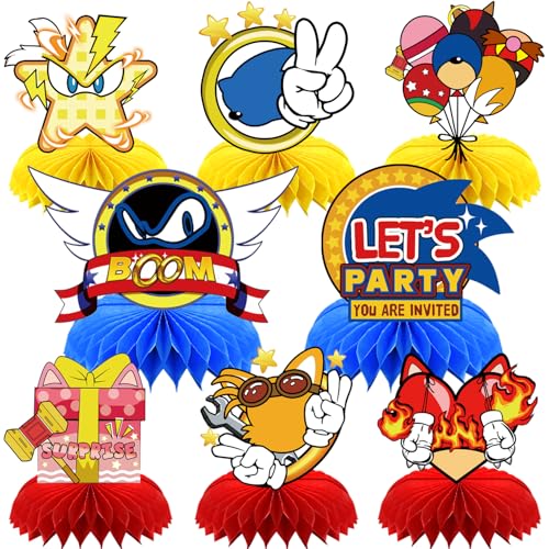 8Pcs Blue Hedgehog Party supplies set Honeycomb Centerpieces Double Sided Table Topper for Birthday Decorations