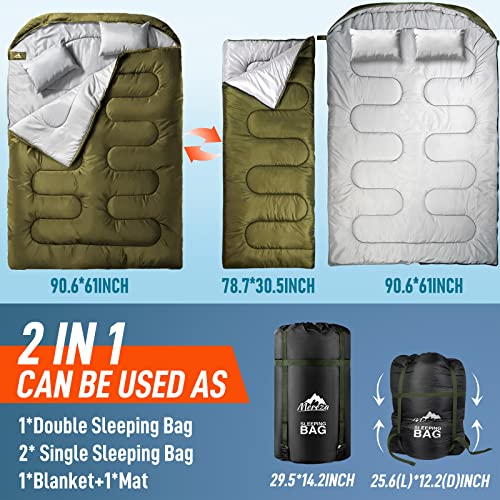 MEREZA Double Sleeping Bag for Adults Mens with Pillow, XL Queen Size Two Person Sleeping Bag for All Season Camping Hikin...