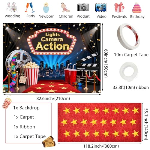 Lights Camera Action Backdrop with Red Carpet Runner 7x5ft, Movie Theme Party Decorations – Movie Night & Oscar Party Bann...