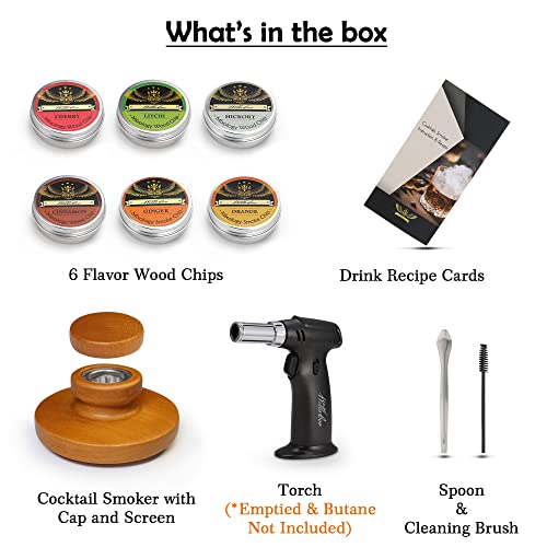 Willscoo Cocktail Smoker Kit - Handmade Old Fashioned Wood Smoker with Torch, 6 Flavors Wood Chips for Whiskey & Alcohol G...