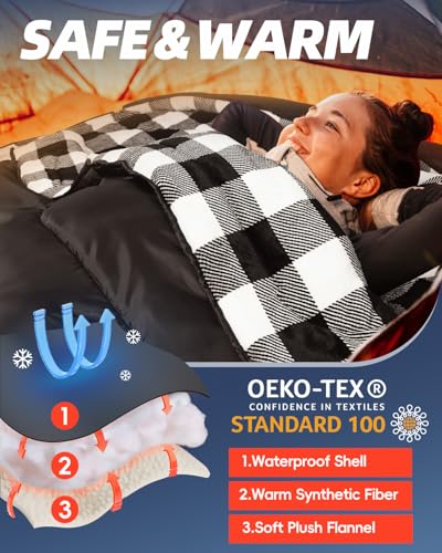 MEREZA Flannel Double Sleeping Bag for Adults Cold Weather, XL Queen Size Sleeping Bag for All Season 2 Person Big and Tal...