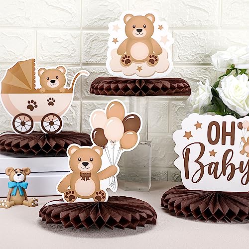 Bencailor 12 Pcs Bear Baby Shower Honeycomb Centerpieces Neutral Cream Bear Baby Shower Table Decorations Birthday Party T...