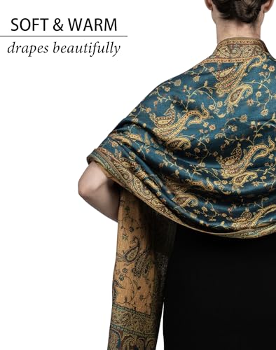 Achillea Reversible Paisley Pashmina Rave Scarf – Exotic Indian Shawls and Wraps for Evening Dresses, Festivals, All Seasons