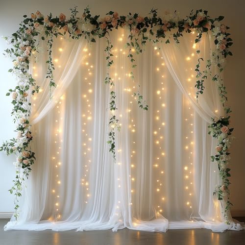 EMHOLDBU 10x10ft White Tulle Backdrop Curtain with Lights String Sheer Drapes for Wedding, Birthday, Baby Shower, Bridal S...
