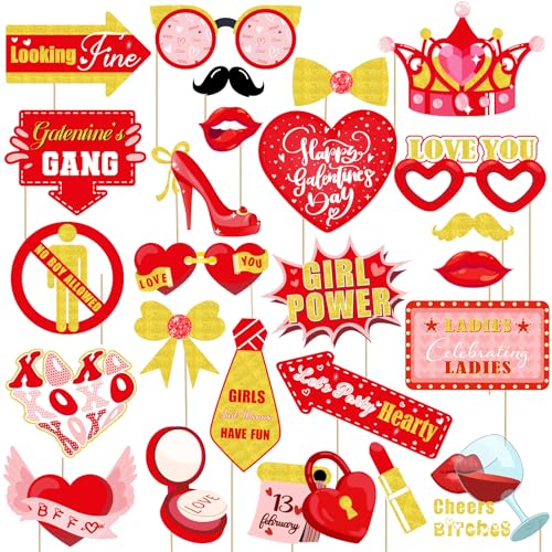 JXYCBZYing Red and Gold Galentine's Day Photo Booth Props - Pack of 24 | Galentines Day Props for Photography, Lovers Self...