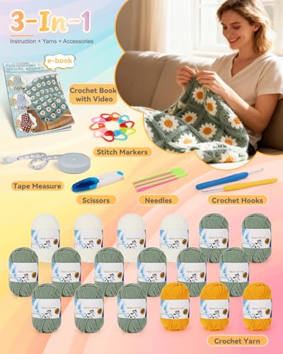 Coopay Crochet Kit for Beginners, Crochet Starter Kit for Blanket, Granny Squares Video Instructions, Easy to Learn Knitti...