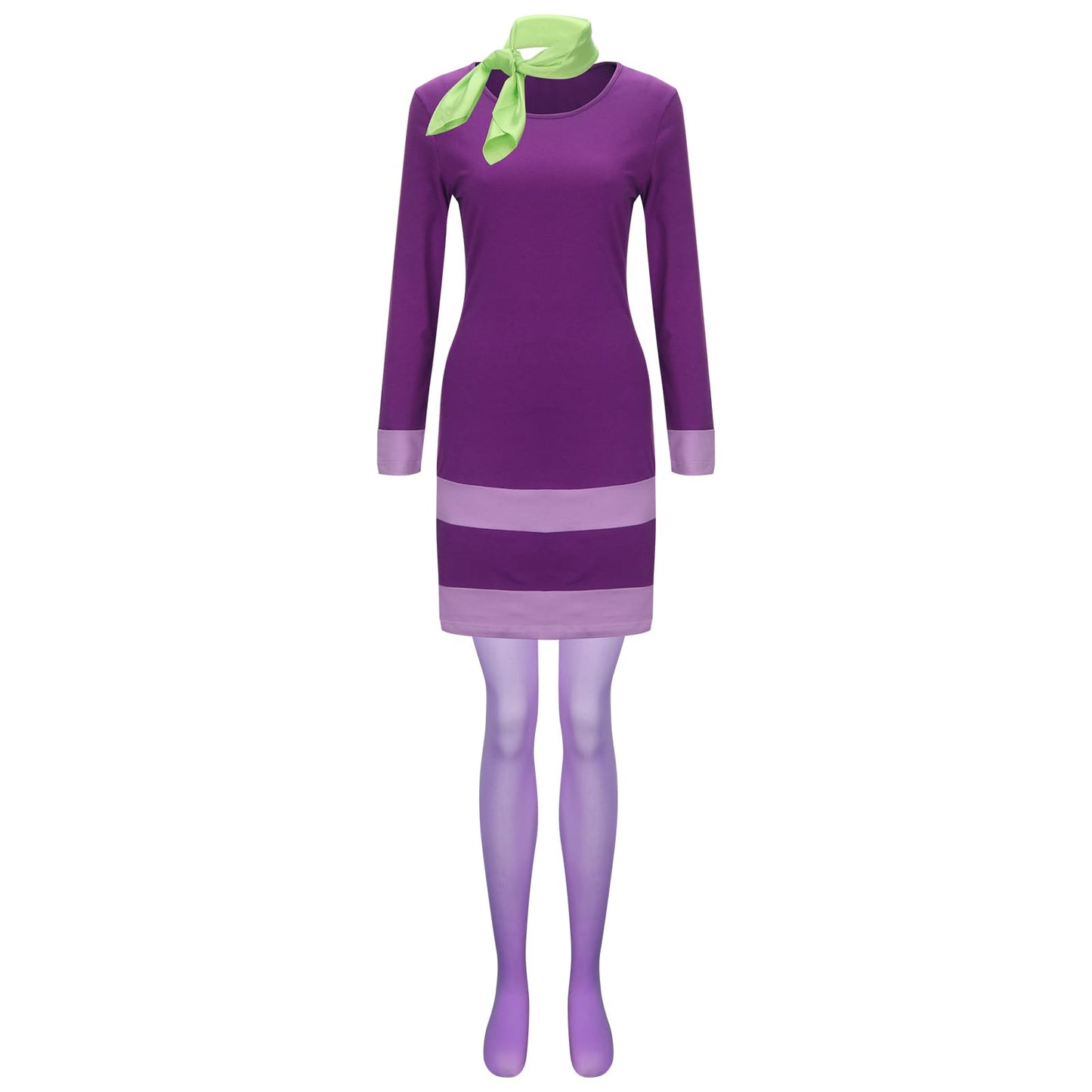 LINKOM Women's Long Sleeve Halloween Costume,Purple Bodycon Mini Dress with Wigs Headband Scarf Thigh High Socks (Medium)