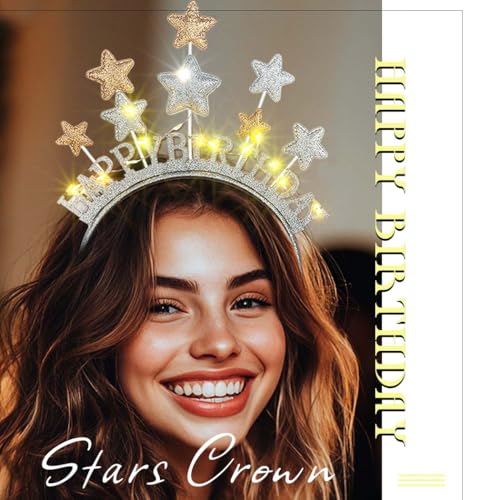 Aceorna Light Up Stars Headbands LED Gold Birthday Hairbands Glowing Happy Birthdays Crowns Head Bands Glitter Birthday Ha...