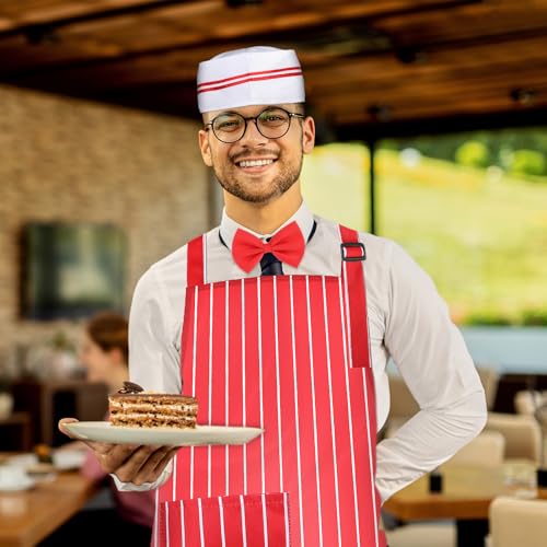 Waiter Costume Kit, 3 Pcs Adult Carnival Costume 1950s Red and White Striped Soda Jerk Server Apron with 2 Pockets Chef Ha...