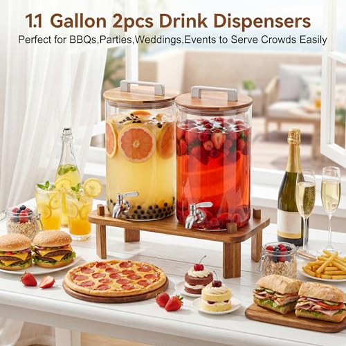 MerryNine 2PCS 1.1 Gallon Glass Drink Dispensers for Parties with Wood Stand, Punch Borosilicate Glass Beverage Dispenser,...