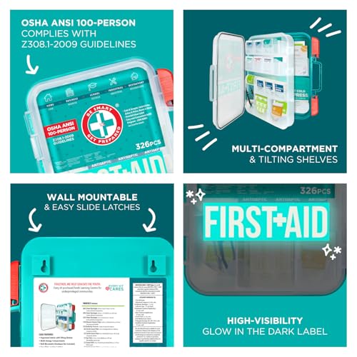 Be Smart Get Prepared First Aid Kit, Teal, 326 Piece, Exceeds OSHA and ANSI Guidelines 100 People - Office, Home, Car, Sch...