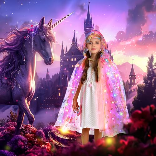 Fedio Princess Dress up for Girls,Unicorn Light up Princess Cape Set,Light up Princess Dress with Unicorn Toys for Girls ...