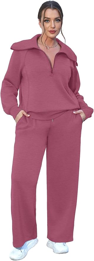 XIEERDUO Lounge Sets For Women 2025 Half Zip Sweatshirt And Wide Leg Sweatpant 2 Piece Outfits Sweatsuit Tracksuit