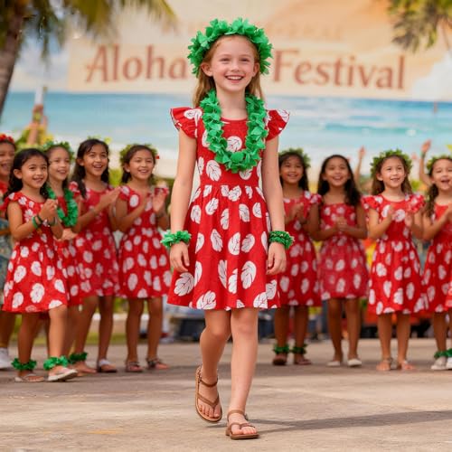 Gigoitly Little Girls Hawaiian Costume Dress Kids Red Outfit for Toddler, Hawaii Luau Party Cosplay Aloha Festival