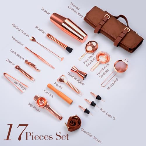 Eligara Bartender Kit Bag, 17-Piece Copper Bar Tool Set Cocktail Shaker Set with All Practical Bar Accessories, Portable T...